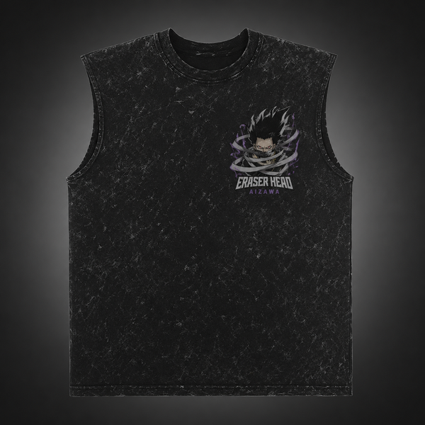Washed black tank top with Shota Aizawa My Hero Academia Eraser Head Quirk Erasure graphic – photo 2