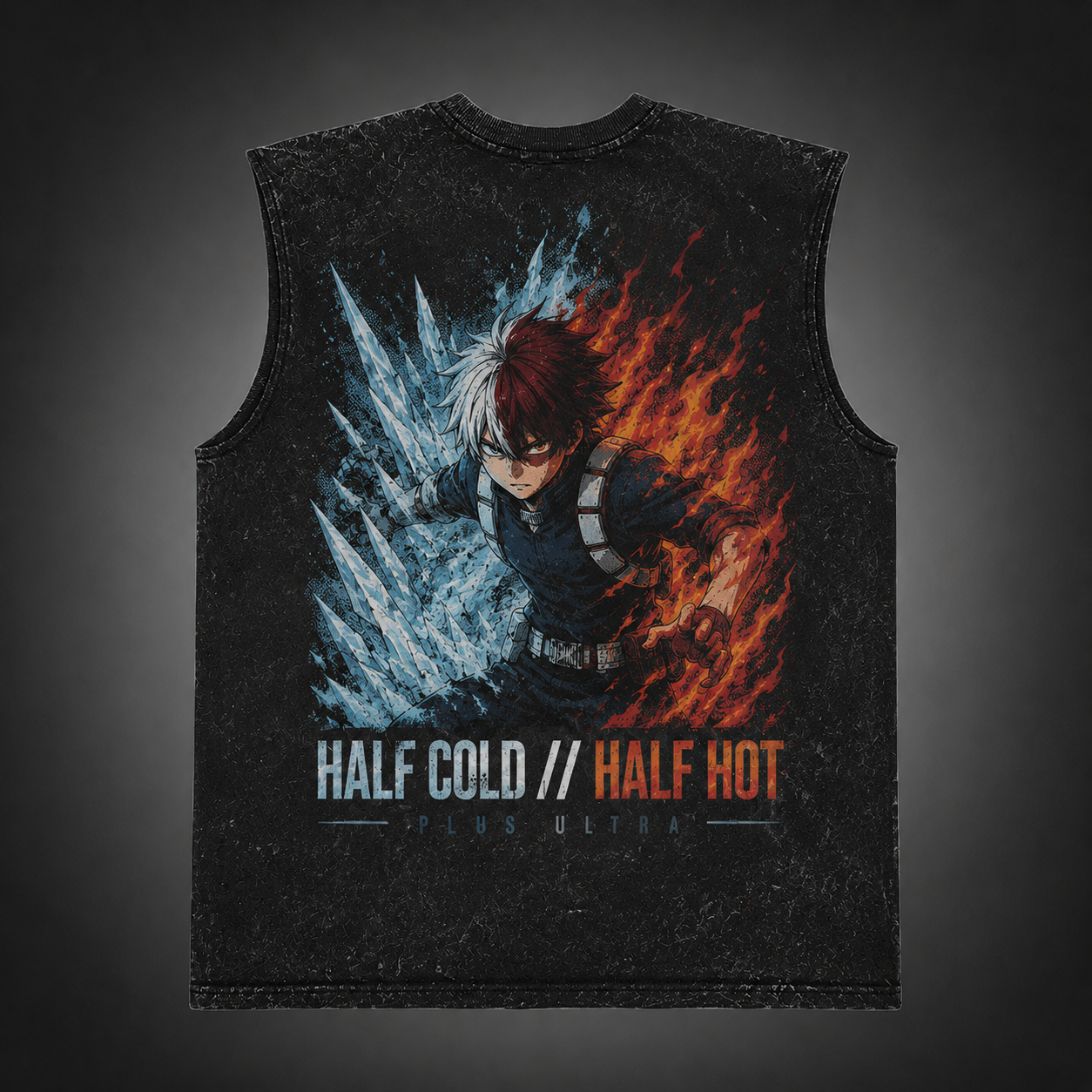 Washed black tank top with Shoto Todoroki My Hero Academia Half Cold Half Hot graphic – photo 1