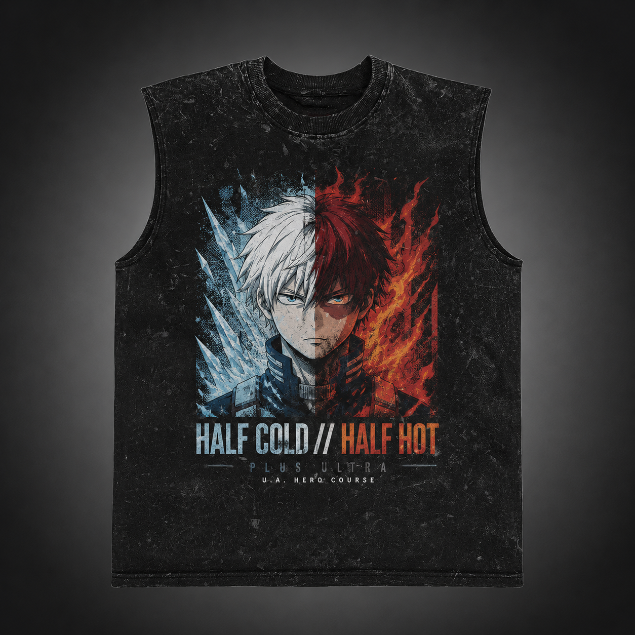 Washed black tank top with Shoto Todoroki My Hero Academia Half Cold Half Hot graphic – photo 2