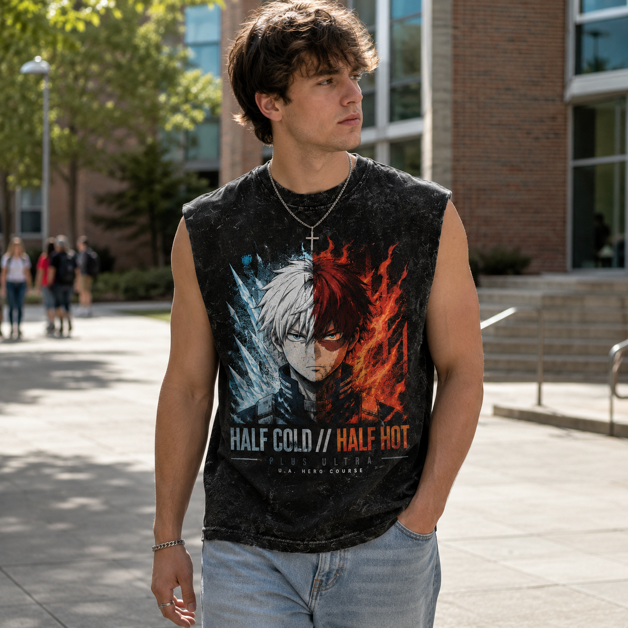 Washed black tank top with Shoto Todoroki My Hero Academia Half Cold Half Hot graphic – photo 4