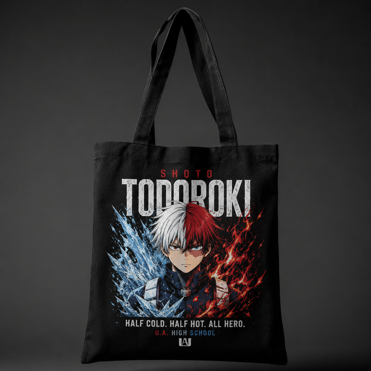 Black tote bag with Shoto Todoroki My Hero Academia Half Cold Half Hot graphic – photo 1