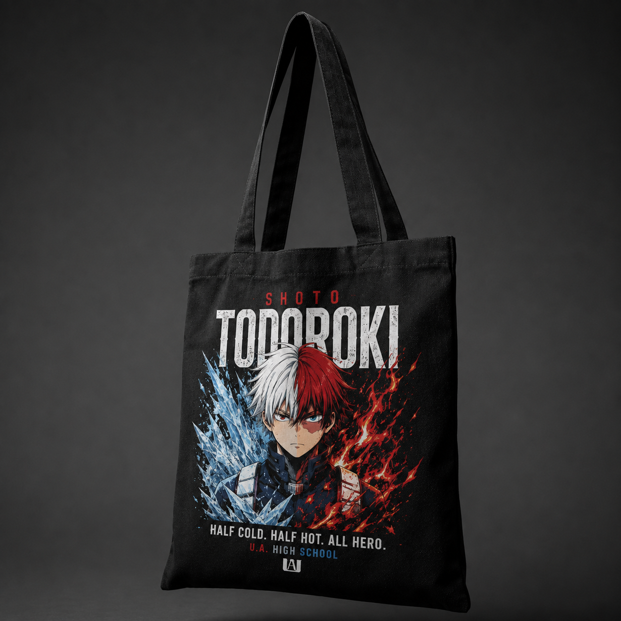 Black tote bag with Shoto Todoroki My Hero Academia Half Cold Half Hot graphic – photo 2