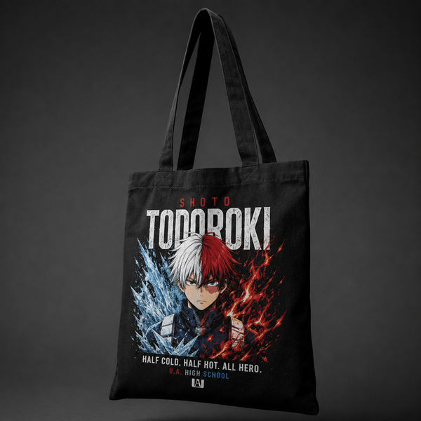 Black tote bag with Shoto Todoroki My Hero Academia Half Cold Half Hot graphic – photo 2