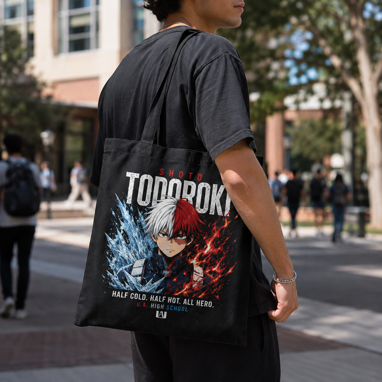Black tote bag with Shoto Todoroki My Hero Academia Half Cold Half Hot graphic – photo 3
