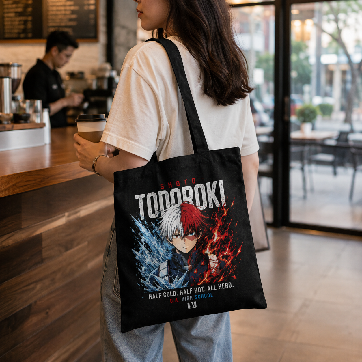 Black tote bag with Shoto Todoroki My Hero Academia Half Cold Half Hot graphic – photo 4