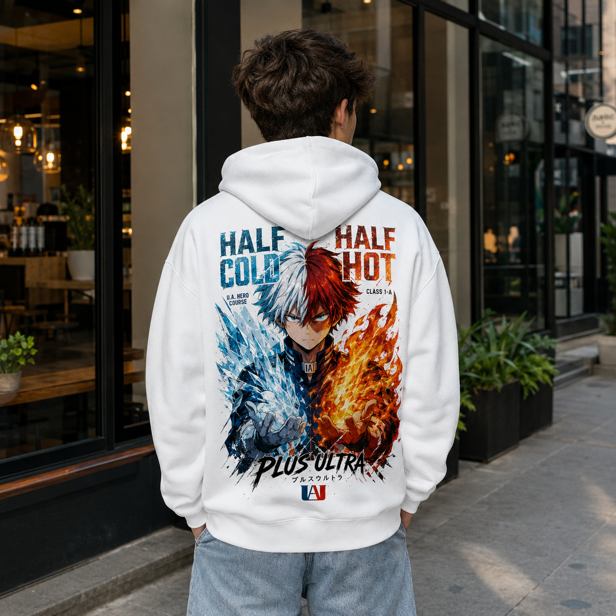 White hoodie with Shoto Todoroki My Hero Academia Half Cold Hot graphic – photo 3
