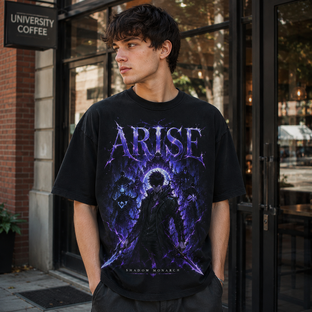 Black t-shirt with Solo Leveling Shadow Monarch Arise graphic – photo 4