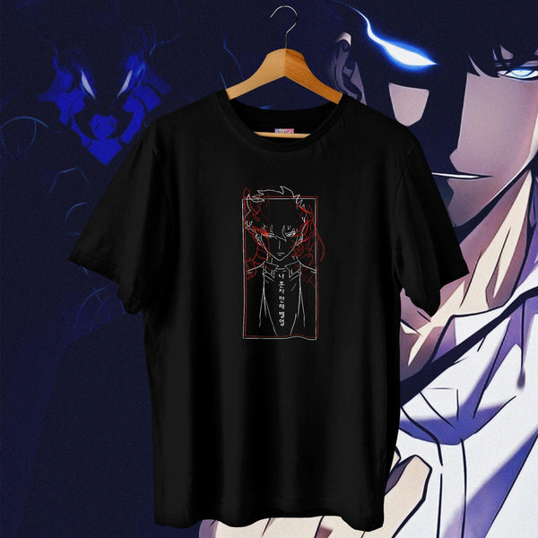 Shadow Monarch Red Line Art Black Wash - Solo Leveling Oversized Tee