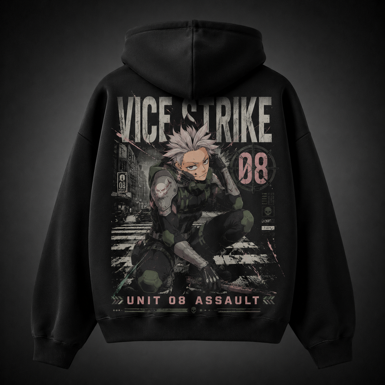 Black hoodie with Soshiro Hoshina Kaiju No. 8 Vice Strike graphic – photo 1
