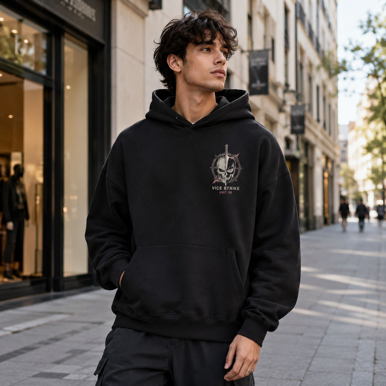 Black hoodie with Soshiro Hoshina Kaiju No. 8 Vice Strike graphic – photo 3