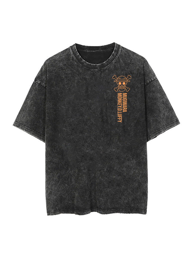Washed black t-shirt with Monkey D. Luffy One Piece Straw Hat graphic – photo 2