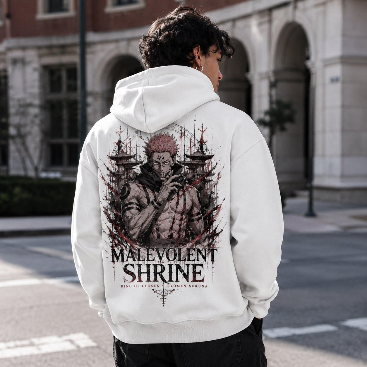 White hoodie with Sukuna Jujutsu Kaisen Malevolent Shrine graphic – photo 3