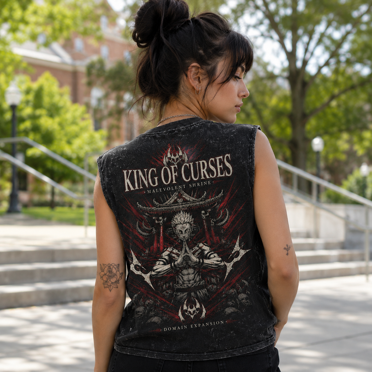 Washed black tank top with Sukuna Jujutsu Kaisen Malevolent Shrine graphic – photo 3