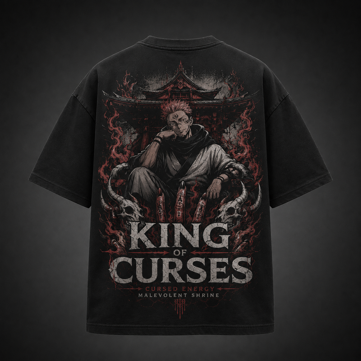 Black t-shirt with Sukuna Jujutsu Kaisen Malevolent Shrine graphic – photo 1