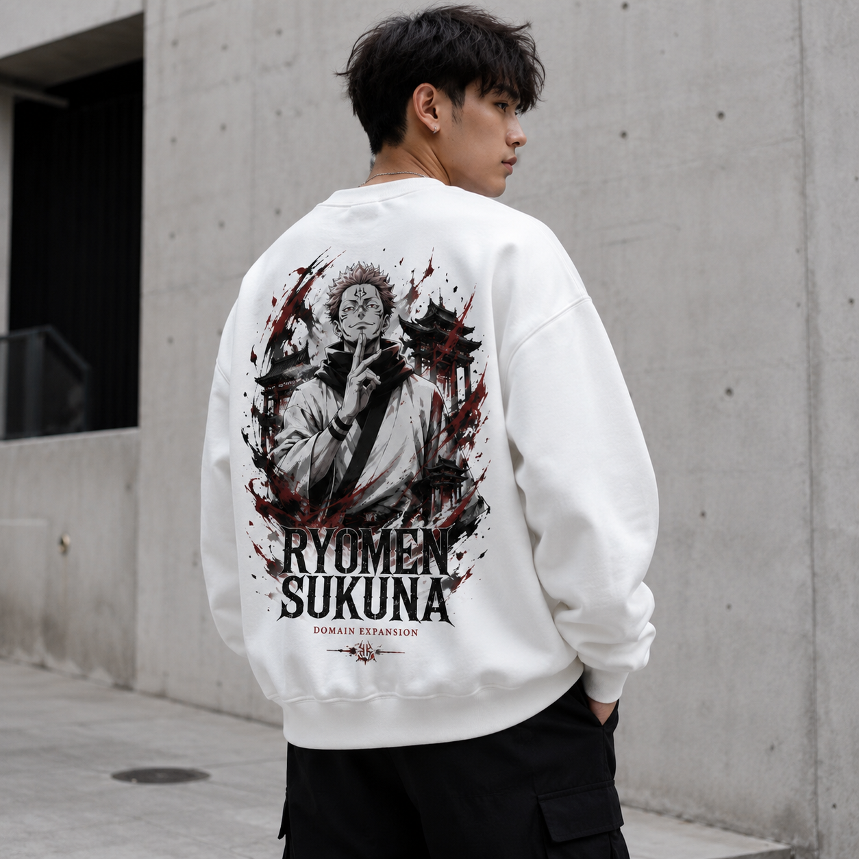White sweatshirt with Sukuna Jujutsu Kaisen Ryomen Sukuna graphic – photo 3