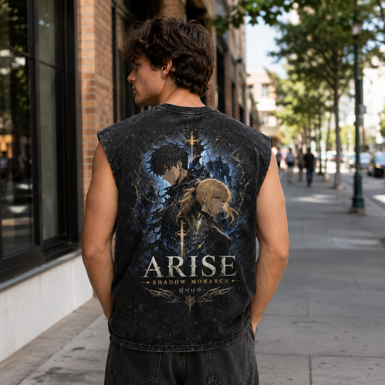 Washed black tank top with Sung Jin-Woo & Cha Hae-In Solo Leveling Arise Together graphic – photo 3