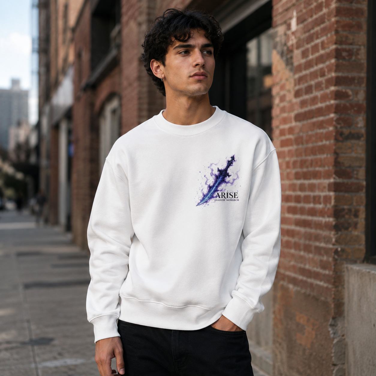 White sweatshirt with Sung Jin-Woo & Cha Hae-In Solo Leveling Shadow And Light graphic – photo 4