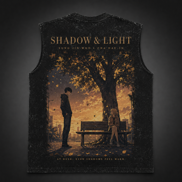 Washed black tank top with Sung Jin-Woo & Cha Hae-In Solo Leveling Shadow And Light graphic – photo 1