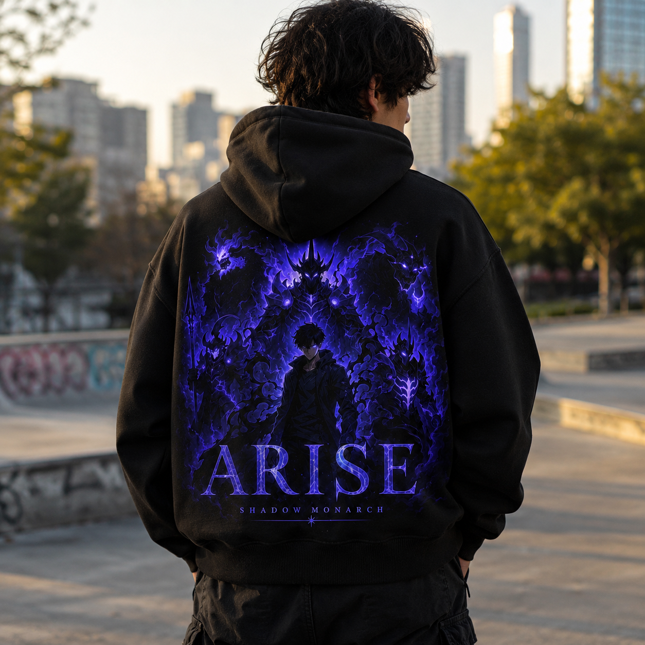 Black hoodie with Sung Jin-Woo Solo Leveling Arise Dragon Shadows graphic – photo 3
