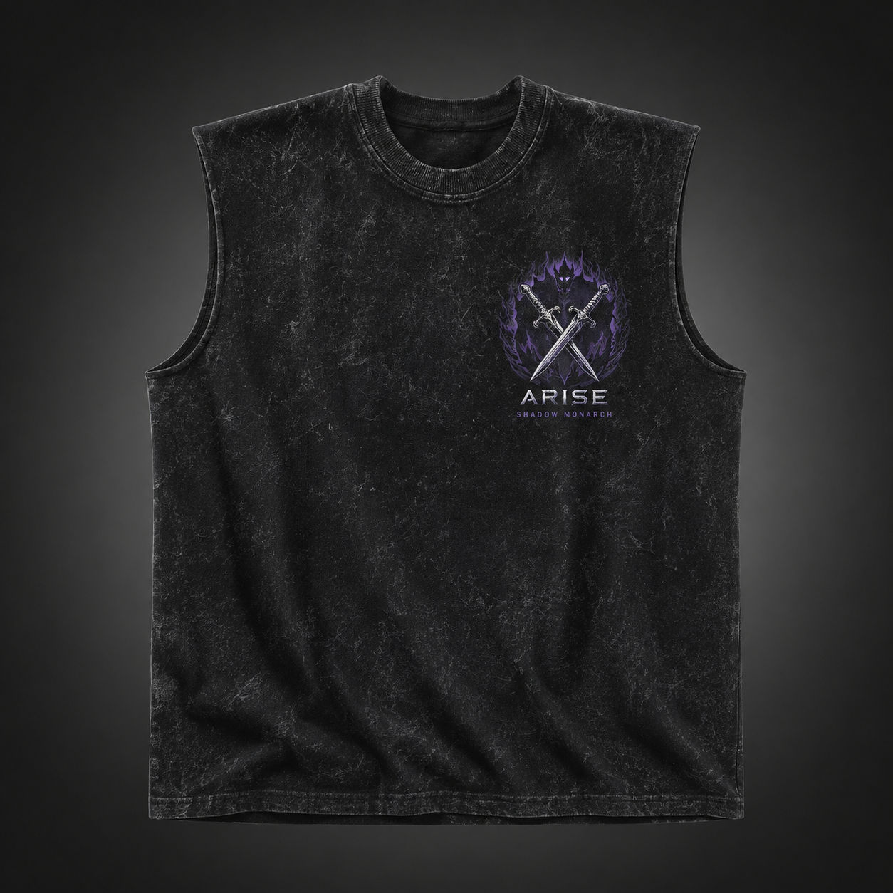 Washed black tank top with Sung Jin-Woo Solo Leveling Arise Shadow Monarch graphic – photo 2