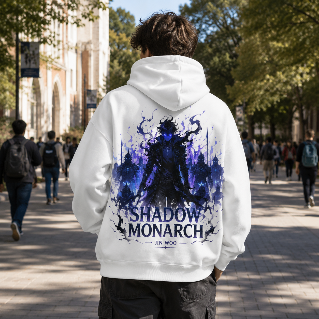 White hoodie with Sung Jin-Woo Solo Leveling Jin-Woo Shadow Monarch graphic – photo 3
