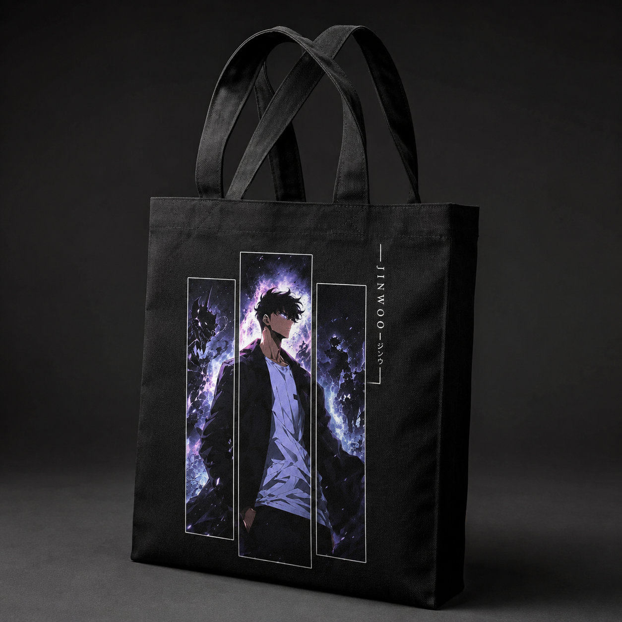 Black tote bag with Sung Jin-Woo Solo Leveling Jinwoo Triptych graphic – photo 2