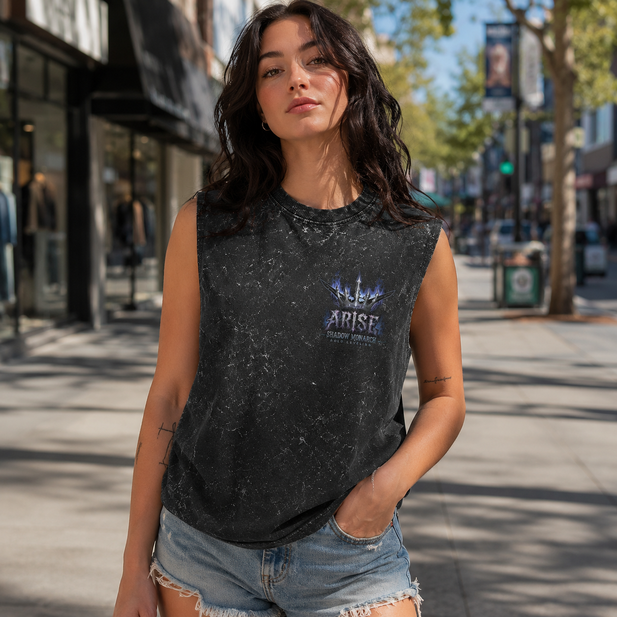 Washed black tank top with Sung Jin-Woo Solo Leveling Monarch Ascension graphic – photo 4