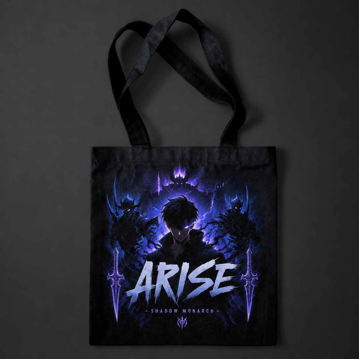 Black tote bag with Sung Jin-Woo Solo Leveling Monarch Ascension graphic – photo 1