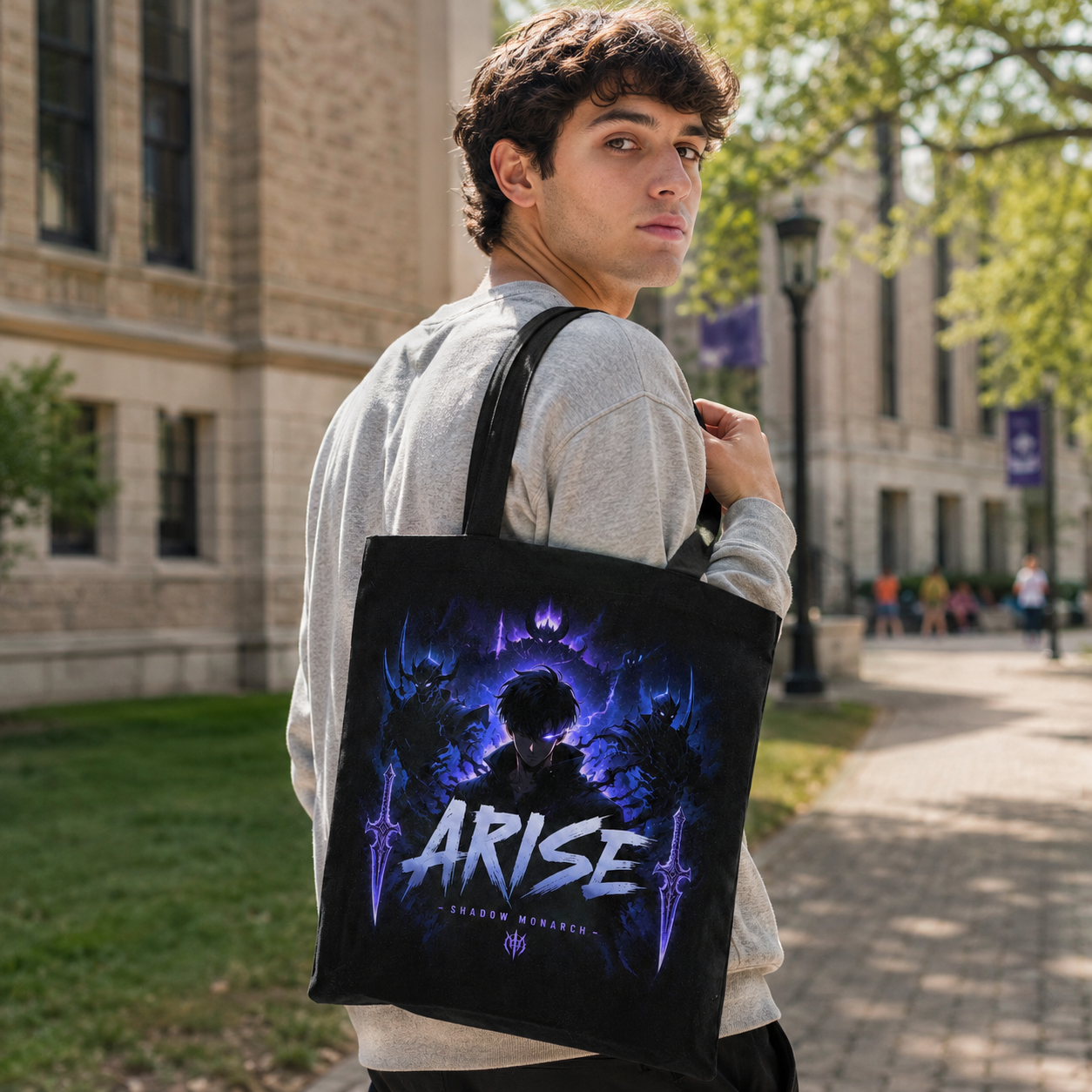 Black tote bag with Sung Jin-Woo Solo Leveling Monarch Ascension graphic – photo 4