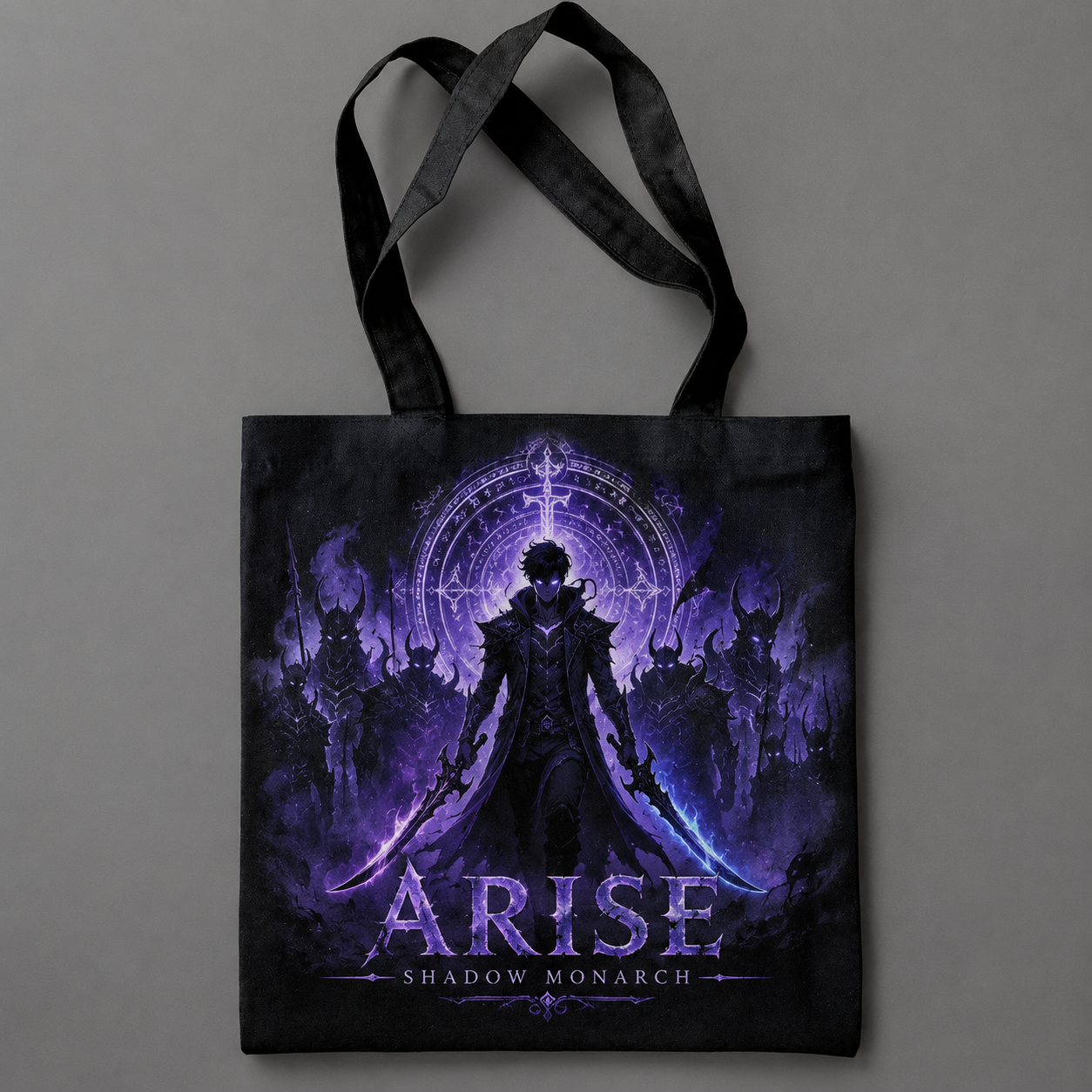 Black tote bag with Sung Jin-Woo Solo Leveling Monarch Of Shadows graphic – photo 1