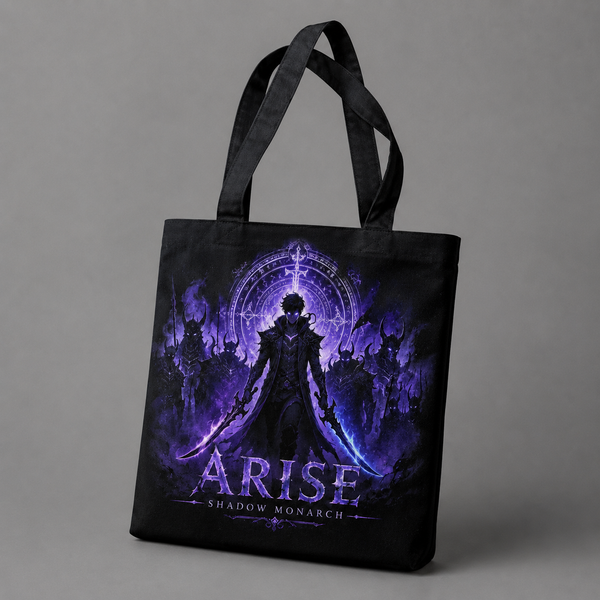 Black tote bag with Sung Jin-Woo Solo Leveling Monarch Of Shadows graphic – photo 2