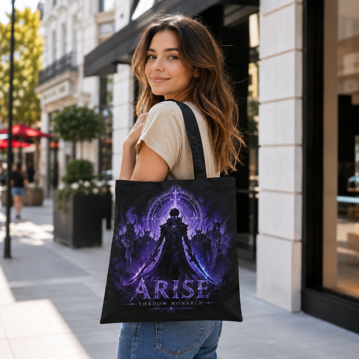 Black tote bag with Sung Jin-Woo Solo Leveling Monarch Of Shadows graphic – photo 3