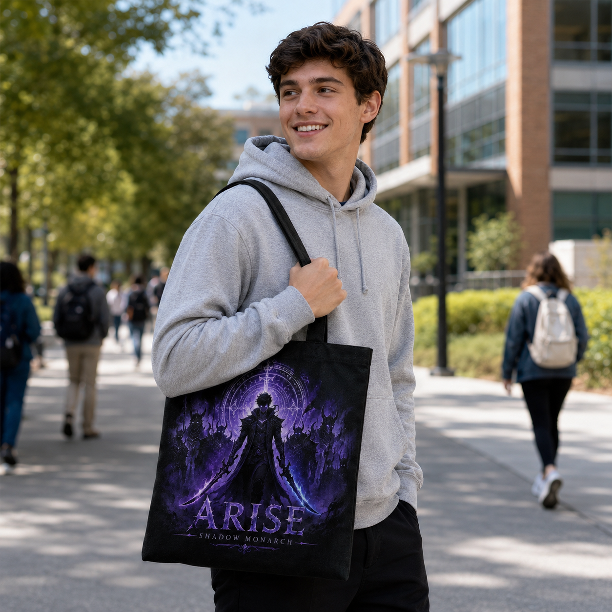 Black tote bag with Sung Jin-Woo Solo Leveling Monarch Of Shadows graphic – photo 4