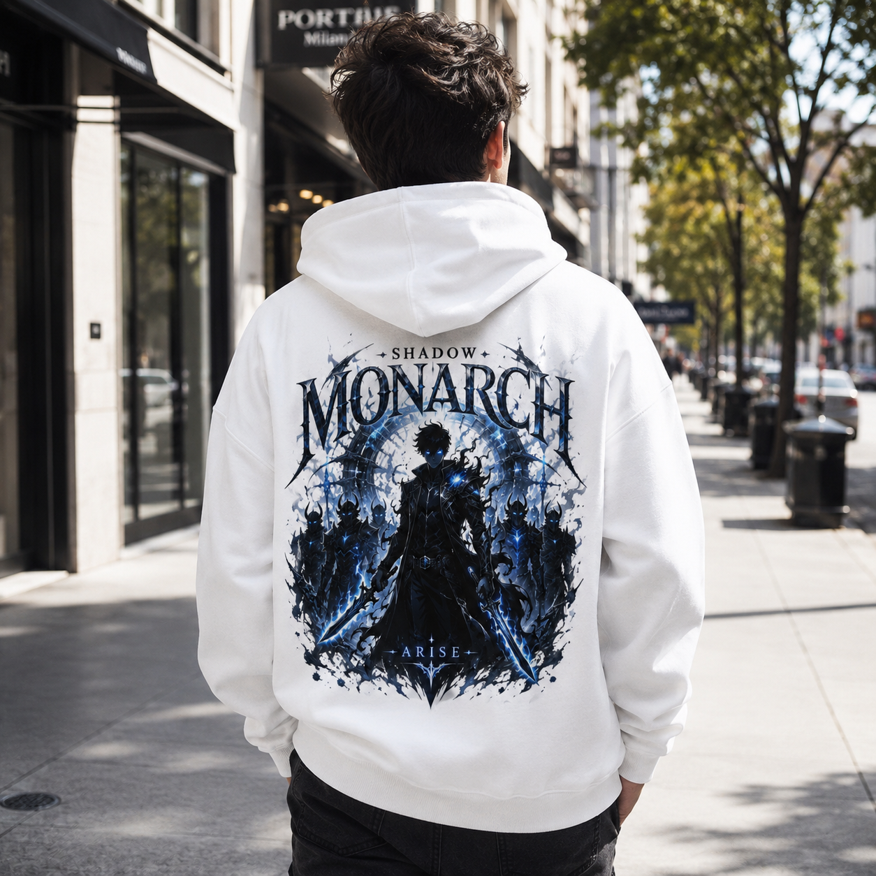 White hoodie with Sung Jin-Woo Solo Leveling Monarch Shadow Army graphic – photo 3