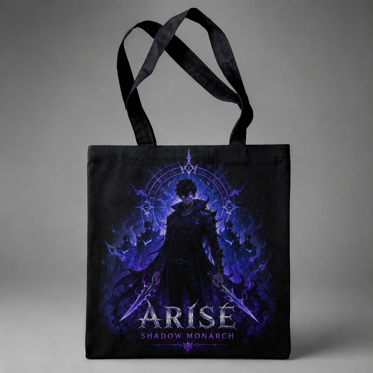 Black tote bag with Sung Jin-Woo Solo Leveling Monarch Twin Daggers graphic – photo 1
