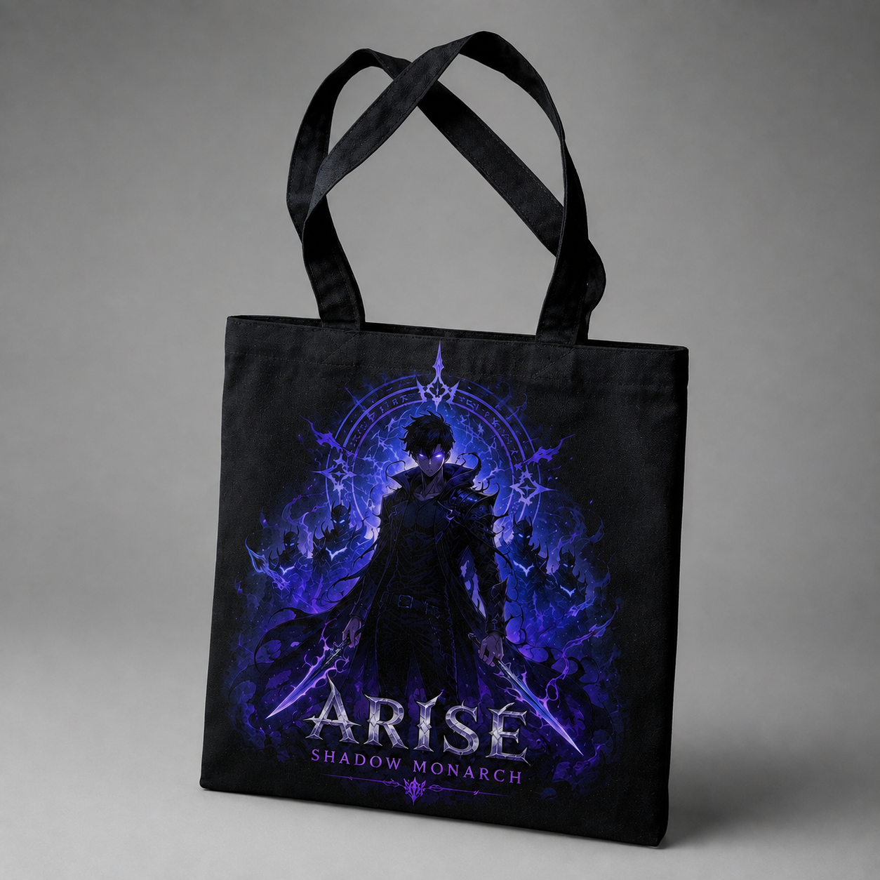 Black tote bag with Sung Jin-Woo Solo Leveling Monarch Twin Daggers graphic – photo 2