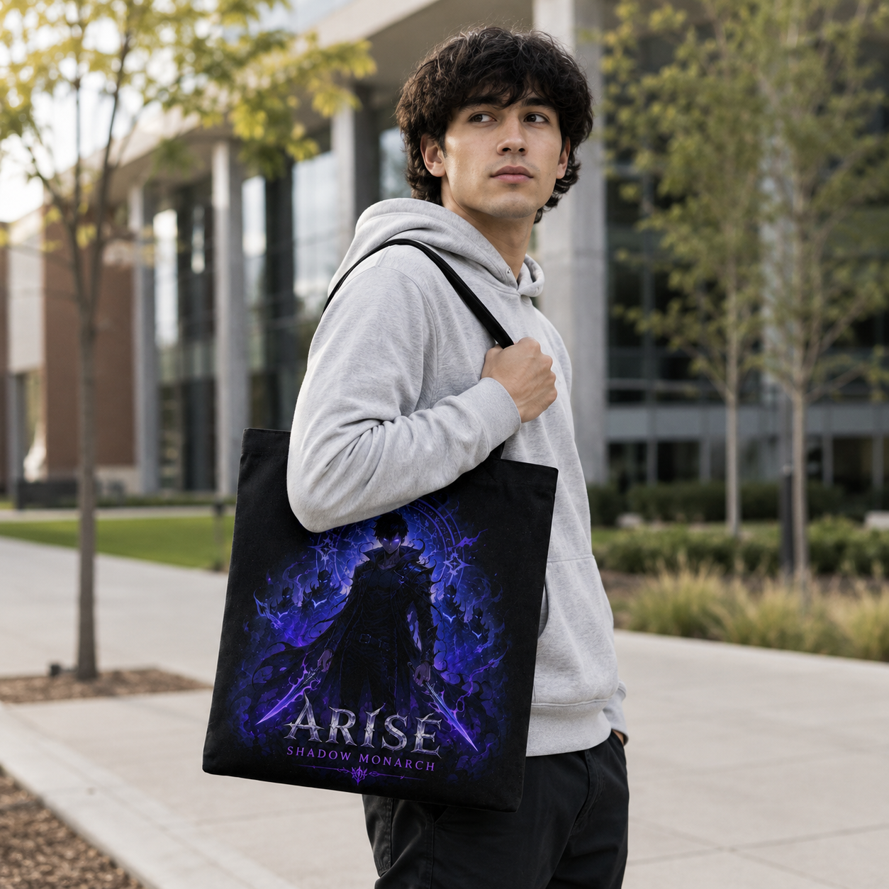 Black tote bag with Sung Jin-Woo Solo Leveling Monarch Twin Daggers graphic – photo 4