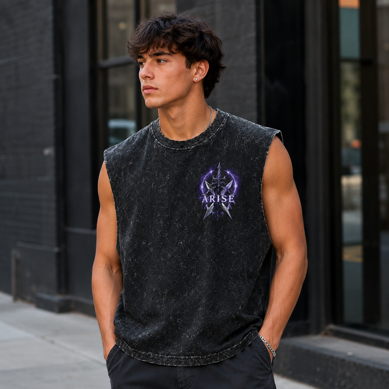 Washed black tank top with Sung Jin-Woo Solo Leveling Shadow Monarch Arise graphic – photo 4