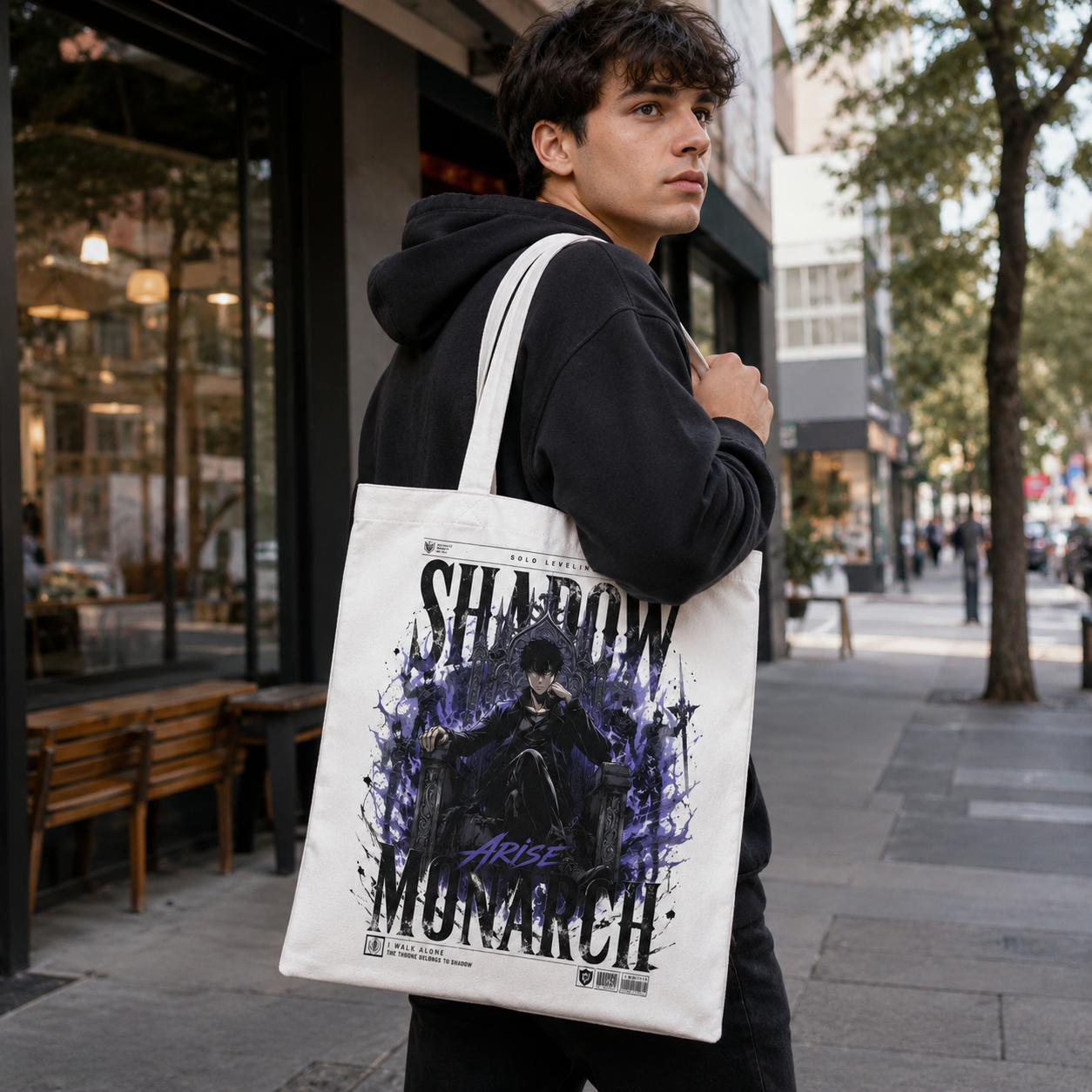 White tote bag with Sung Jin-Woo Solo Leveling Throne Of Shadows graphic – photo 3