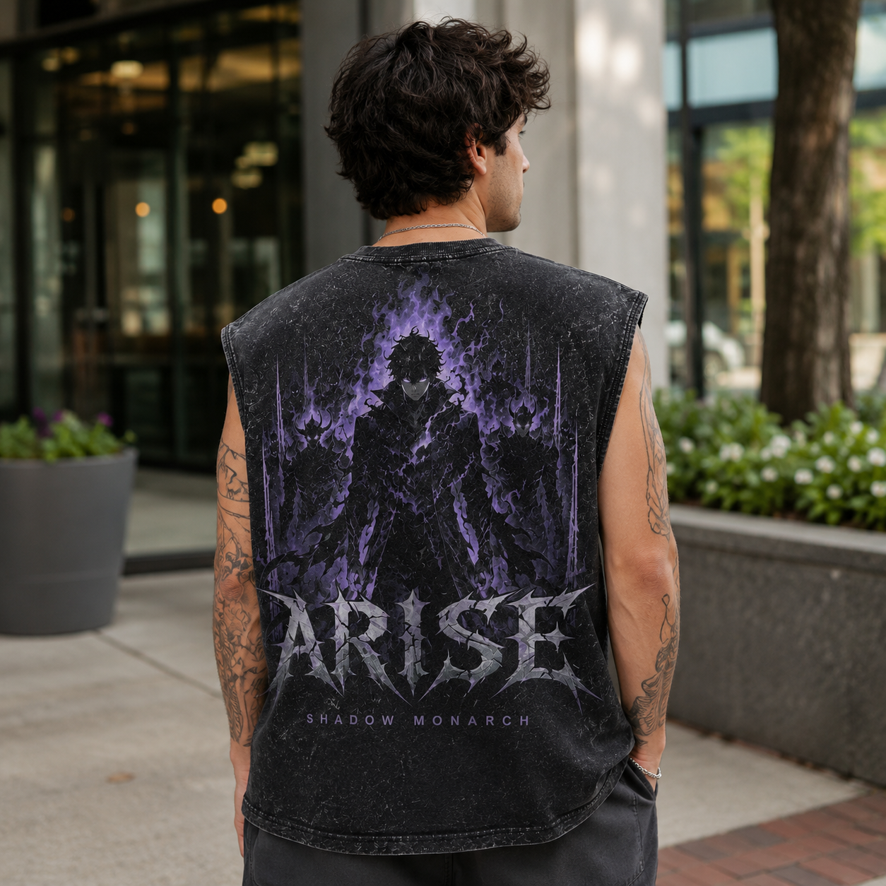 Washed black tank top with Sung Jin-Woo Solo Leveling Violet Sovereign graphic – photo 3