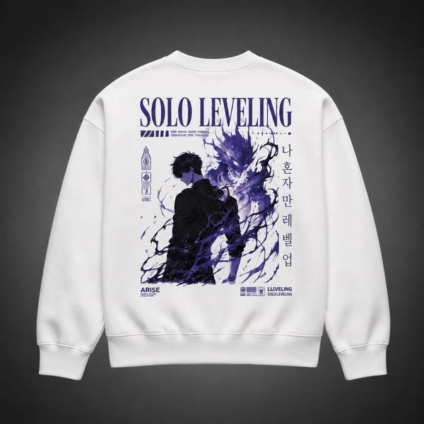 White sweatshirt with Sung Jin-Woo Solo Leveling Weak Need Strength graphic – photo 1