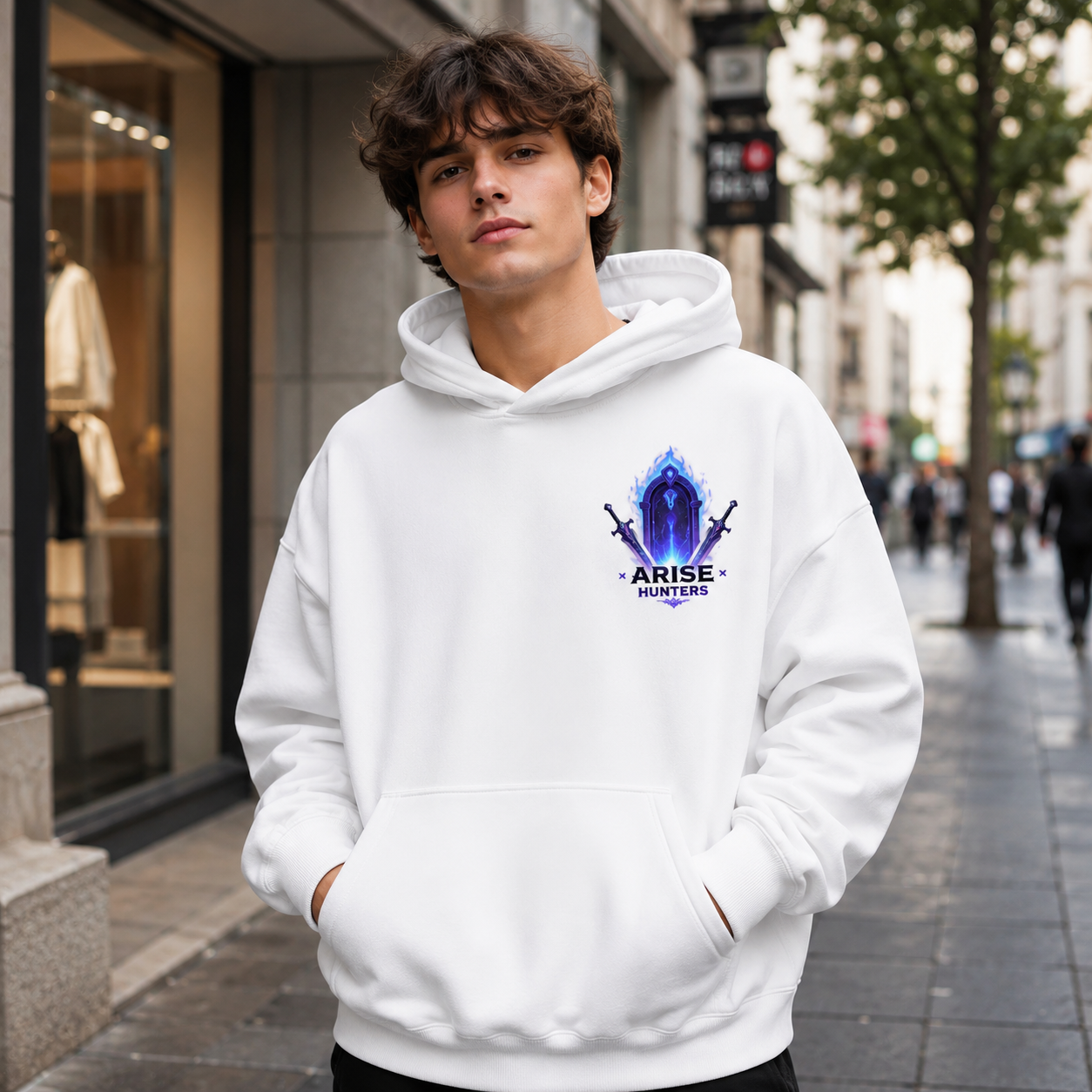 White hoodie with Sung Jinwoo Solo Leveling Chibi Hunters Arise graphic – photo 4