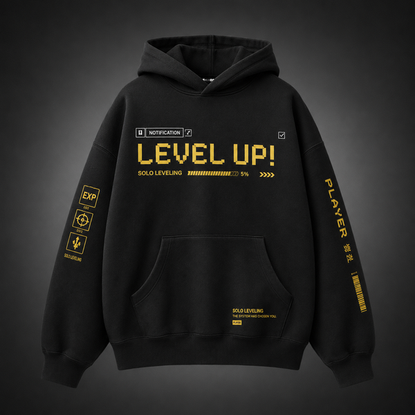 Black hoodie with Sung Jinwoo Solo Leveling Level Up Status graphic – photo 2