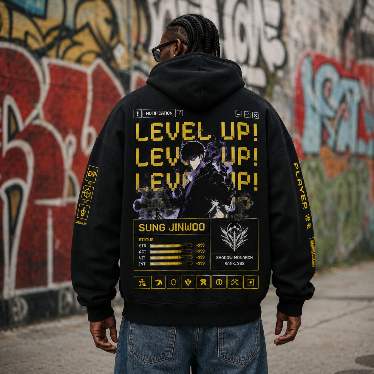 Black hoodie with Sung Jinwoo Solo Leveling Level Up Status graphic – photo 3