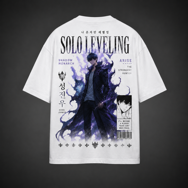 White t-shirt with Sung Jinwoo Solo Leveling Strongest Hunter Cover graphic – photo 1