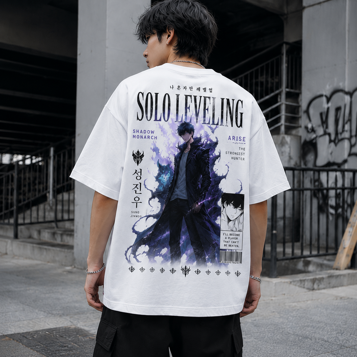 White t-shirt with Sung Jinwoo Solo Leveling Strongest Hunter Cover graphic – photo 3