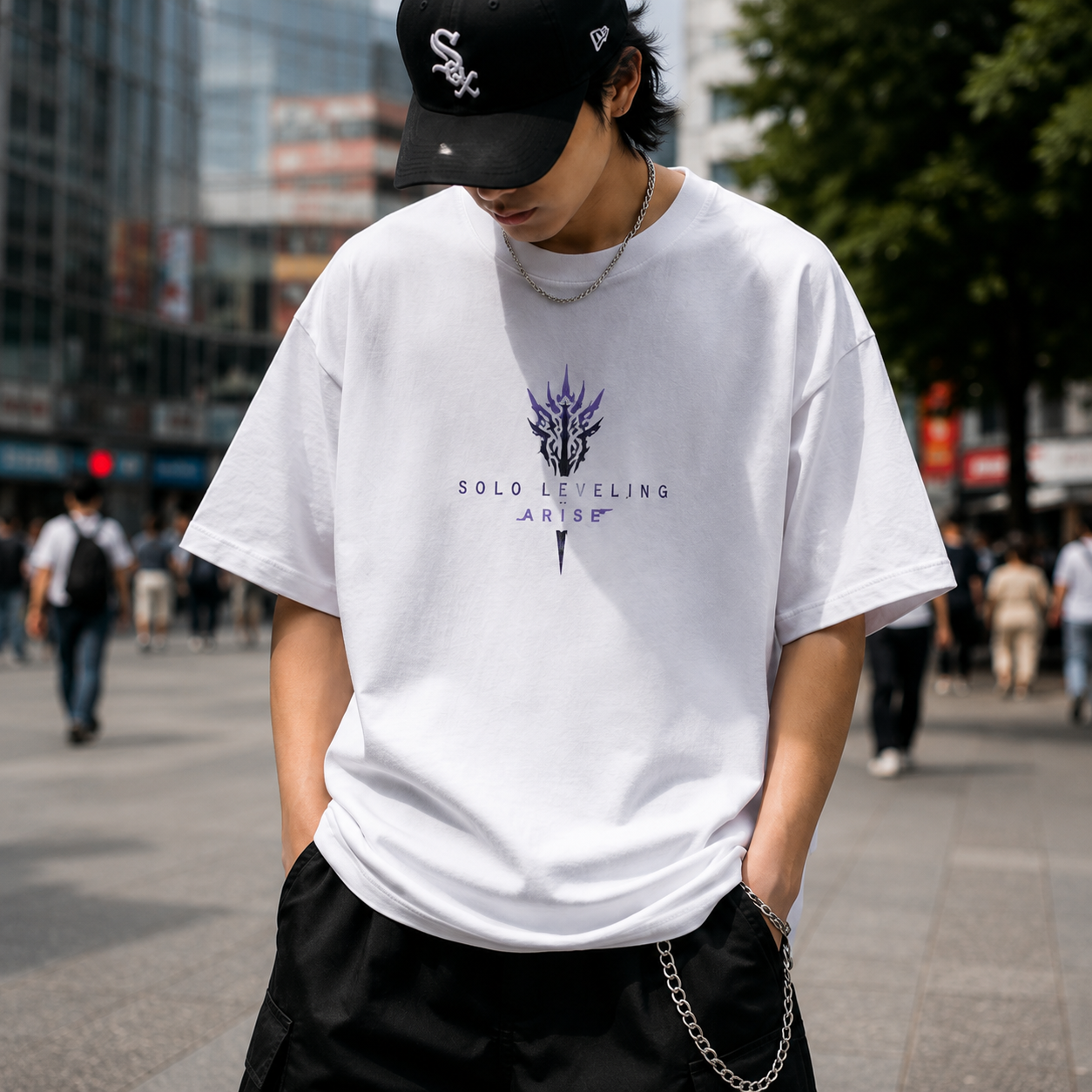 White t-shirt with Sung Jinwoo Solo Leveling Strongest Hunter Cover graphic – photo 4