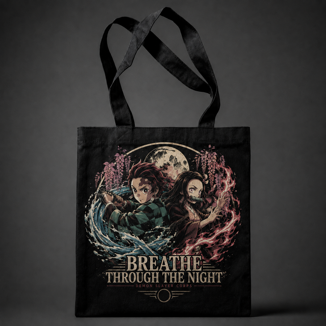 Black tote bag with Tanjiro Kamado and Nezuko Kamado Demon Slayer Breathe Through Night graphic – photo 1
