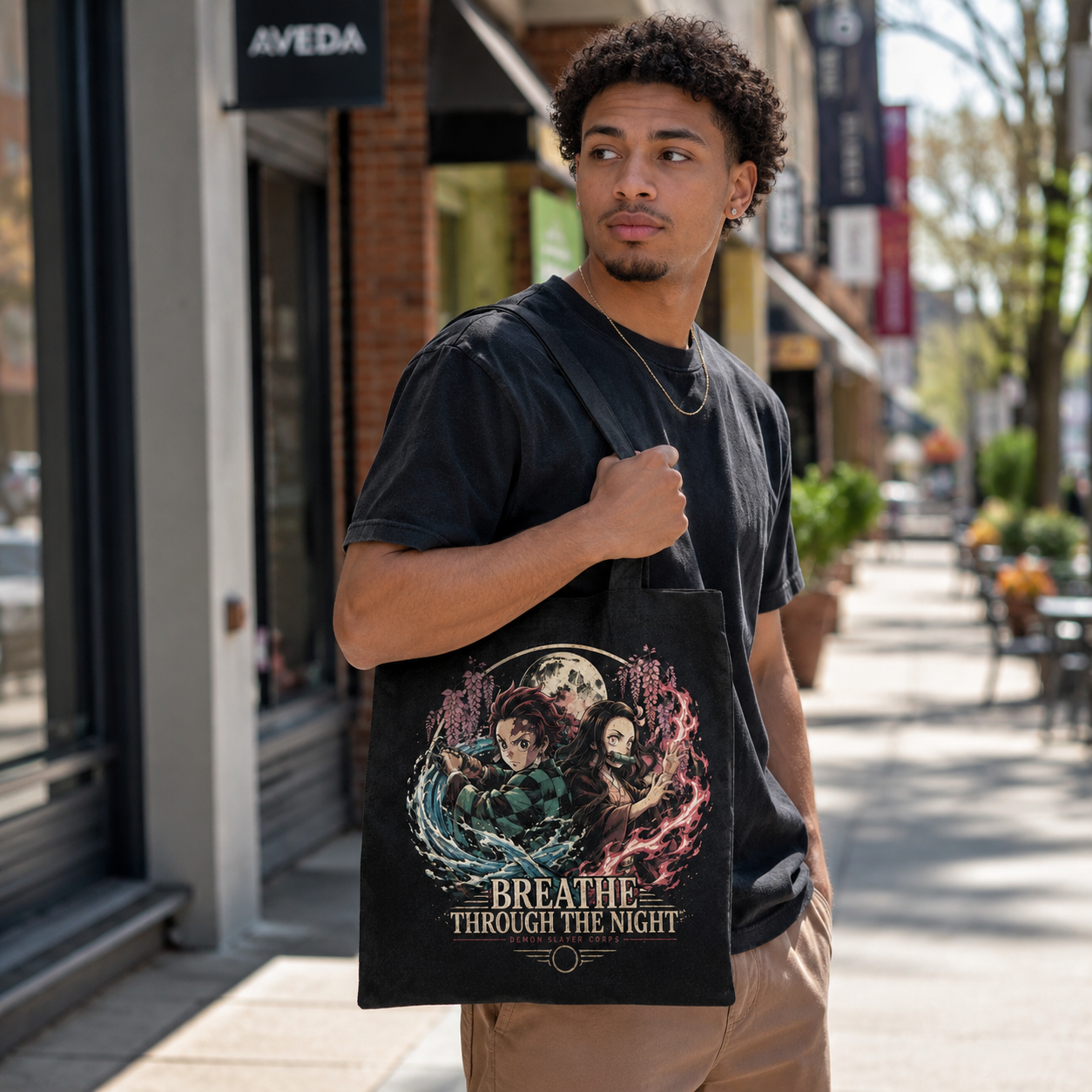 Black tote bag with Tanjiro Kamado and Nezuko Kamado Demon Slayer Breathe Through Night graphic – photo 3