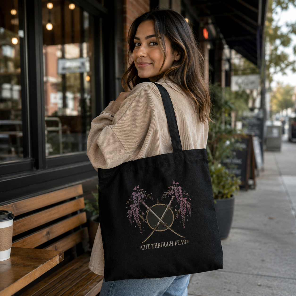 Black tote bag with Tanjiro Kamado and Nezuko Kamado Demon Slayer Breathe Through Night graphic – photo 4